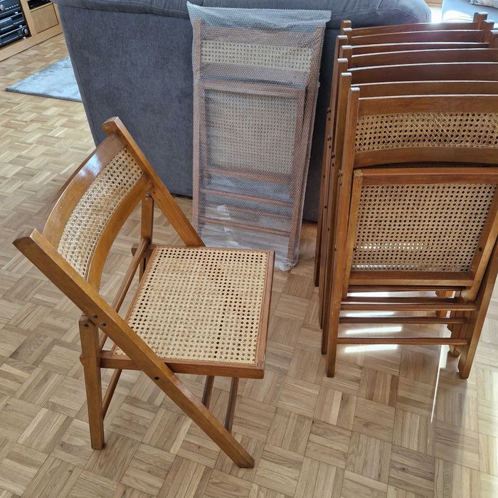 Krzesła rattanowe, składane, "Vintage", lata 80, drewniane - 9 szt.