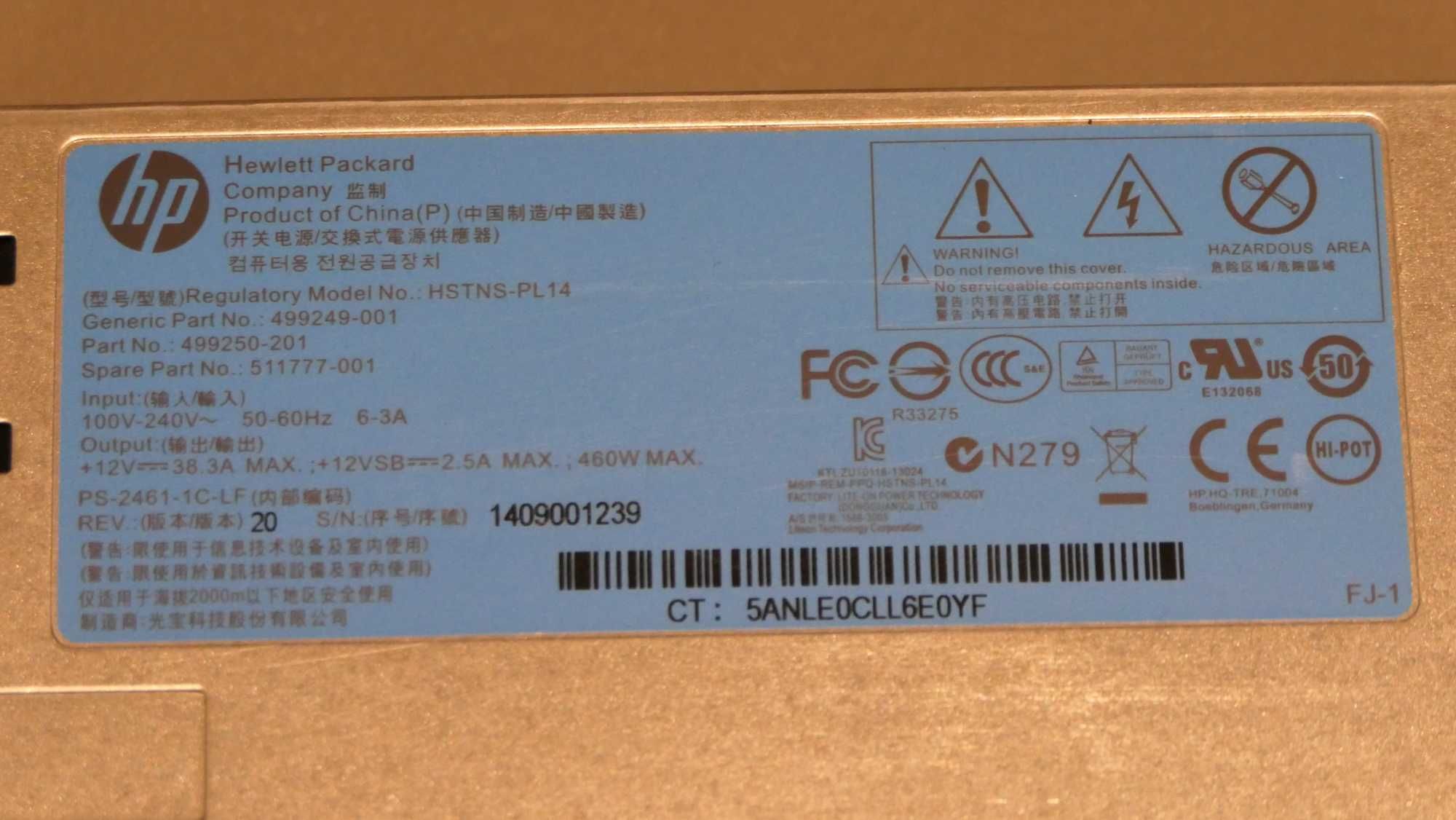 HP Fonte 460W para ProLiant G6/G7 – Ref. HPE 499250/201