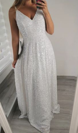 Sukienka ślubna Asos biała cekiny cekinowa zdobiona maxi S