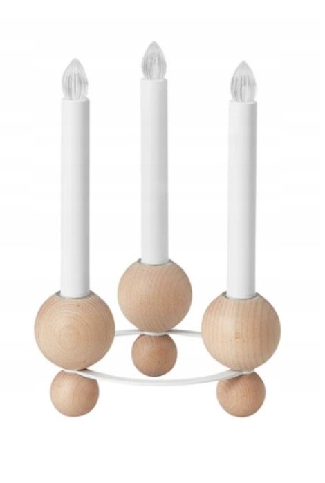 Ikea świecznik Strala LED lampion drewniany 3 ramienny baterie buk
