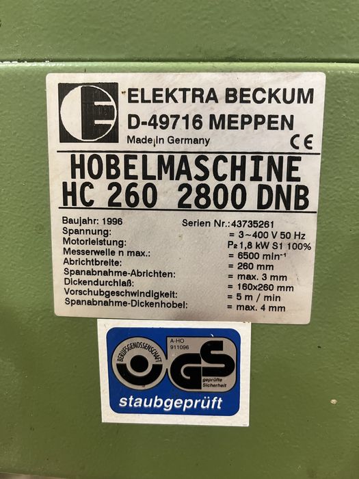 Elektra Beckum HC260 grubościówka równiarka 2,8kw 380v Szczytno
