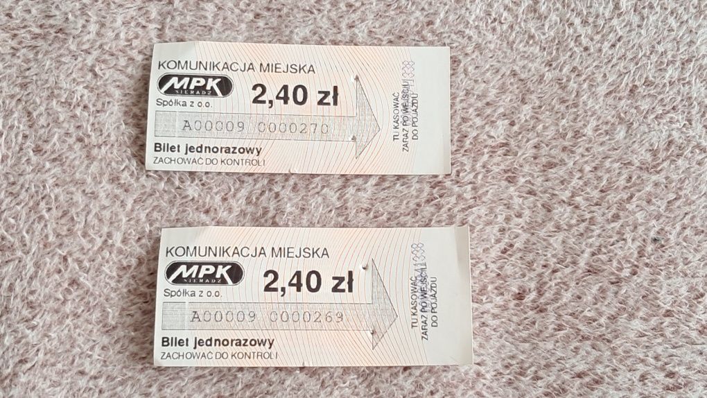 2 bilety MPK Sieradz – jednorazowe, skasowane, pamiątka kolekcjonerska