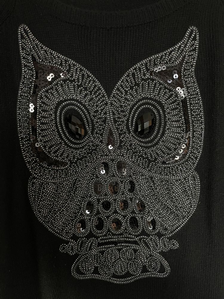 Sweter sweterek przez głowę miękki ciepły sowa damski cyrkonie