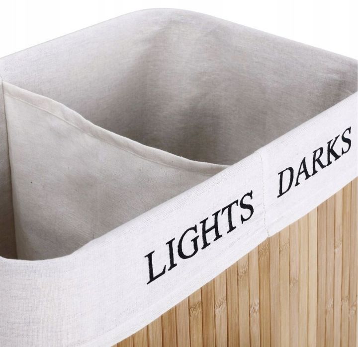 Kosz na pranie bieliznę bambusowy dwukomorowy z pokrywą pojemny 105L