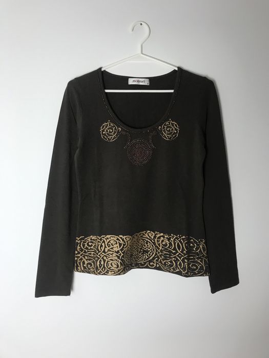 Brązowa bawełniana bluzka z długim rękawem jesienna złoty wzór Monnari