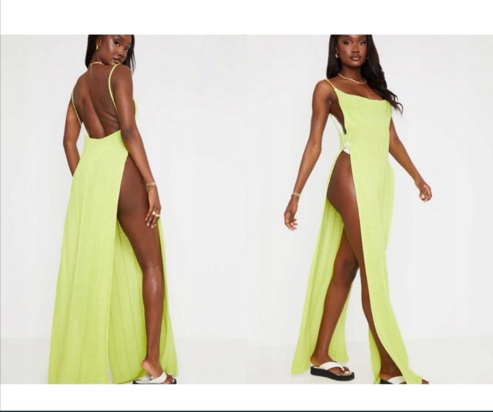 Zielona neonowa sukienka plażowa pleciona  ażurowa L 40 xl 42 tall