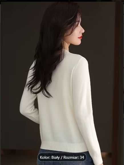 Nowy, damski cieńszy , niegryzacy miękki sweterek 100 % wełna R M