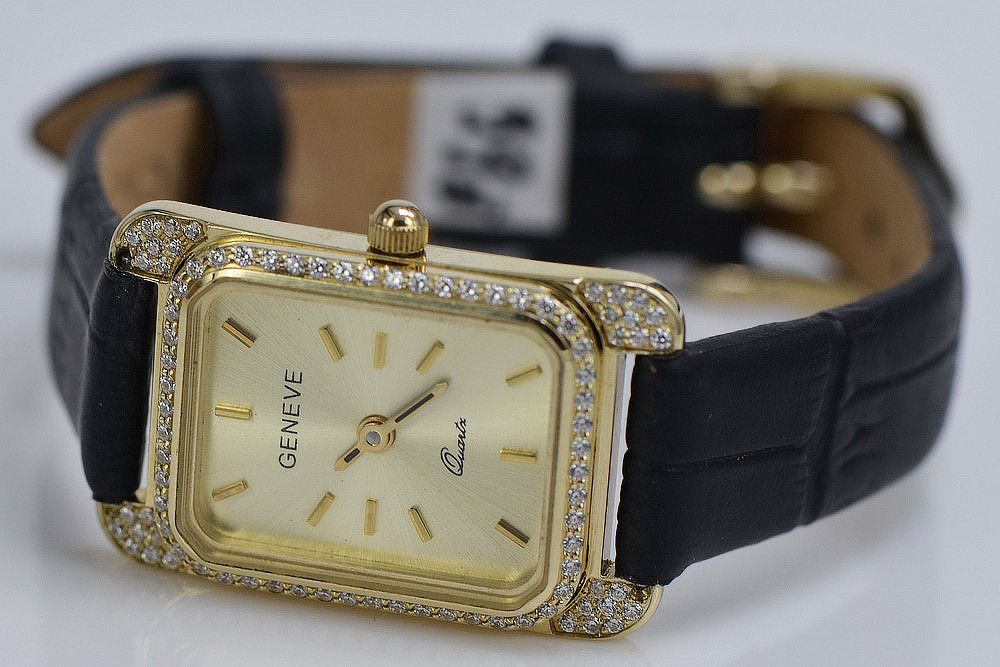 Prześliczny 14K 585 złoty prostokątny damski zegarek Geneve Gdańsk