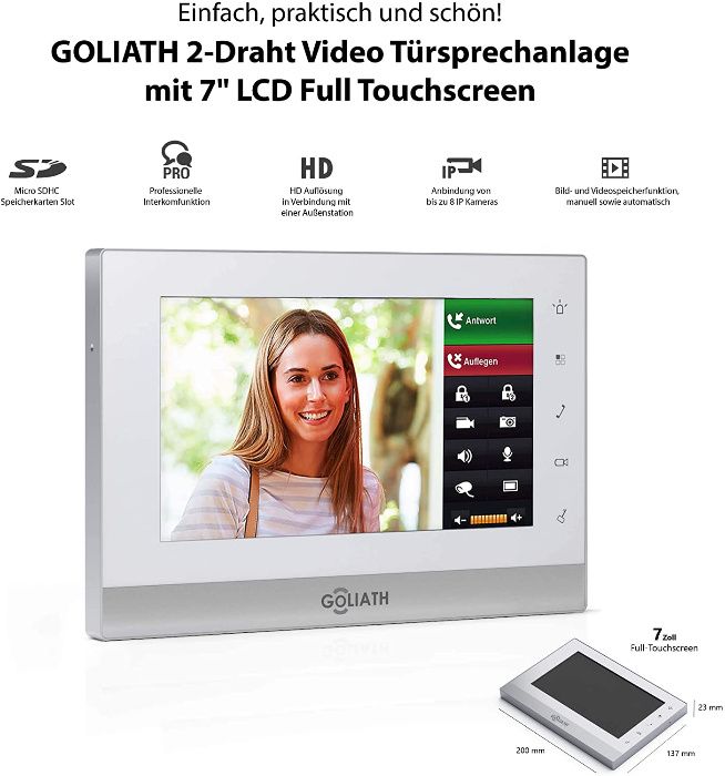 GOLIATH IP2 Wideodomofon kamera HD 1,3Mpx LCD 7'' + 2 ekrany LCD