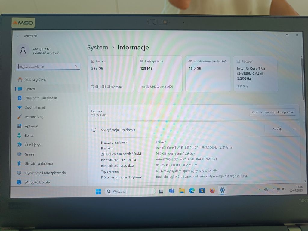 Laptop Lenovo ThinkPad T480 i3-8130U 16GB RAM 256GB SSD Windows 11 sta
