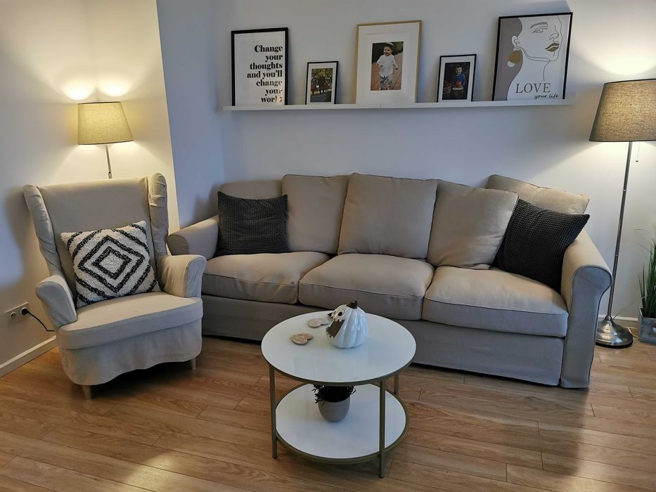 IKEA GRÖNLID sofa + pufa ze schowkiem + 3 komplety pokrowców –jak nowa