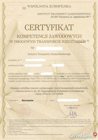 Certyfikat kompetencji - transport rzeczy