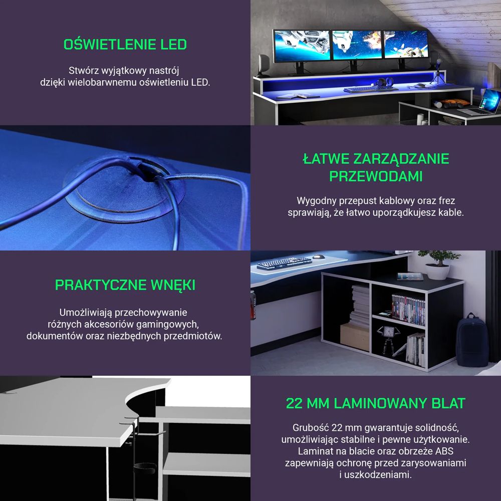Biurko gamingowe SUPERNOVA214 LED - czarno-białe