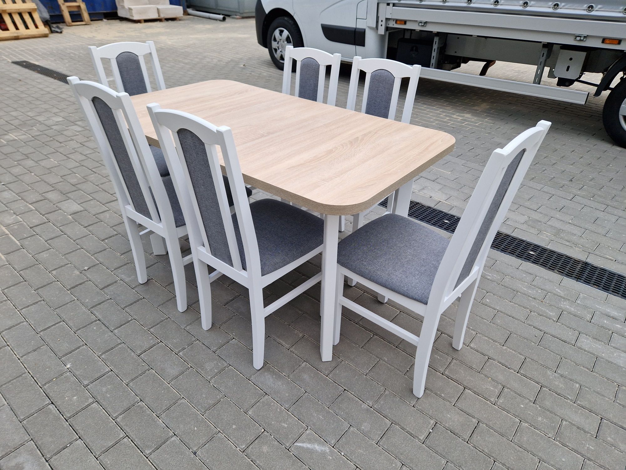 Stół 80x140/180 + 6 krzeseł, biały/sonoma + szary ,dostawa cała POLSKA