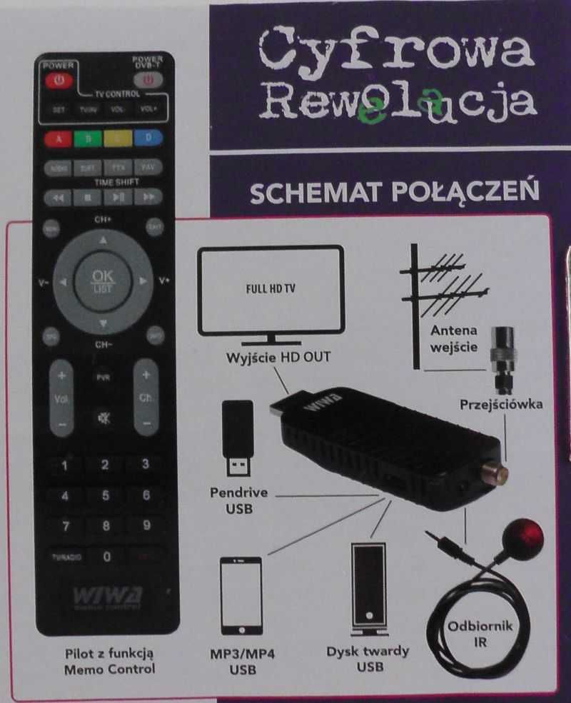 Dekoder Tuner TV DVB-T/T2 H.265/HEVC mały na USB z pilotem