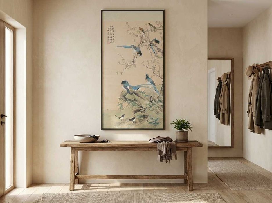 Rzadki Duży Chiński Zwój (145x68cm) – Ptaki i Kwiaty - VINTAGE