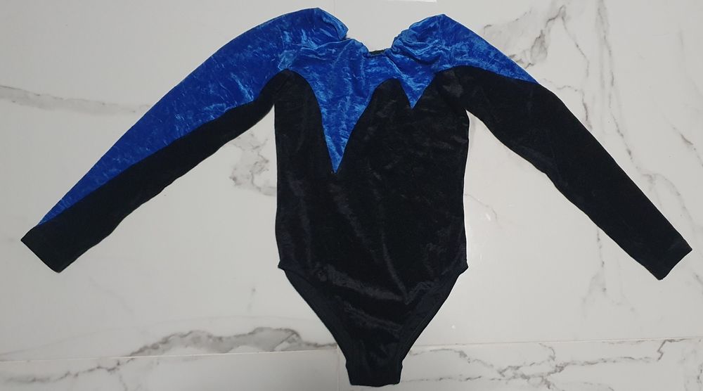 Strój gimnastyka akrobatyka body czarny niebieski 152 cm
