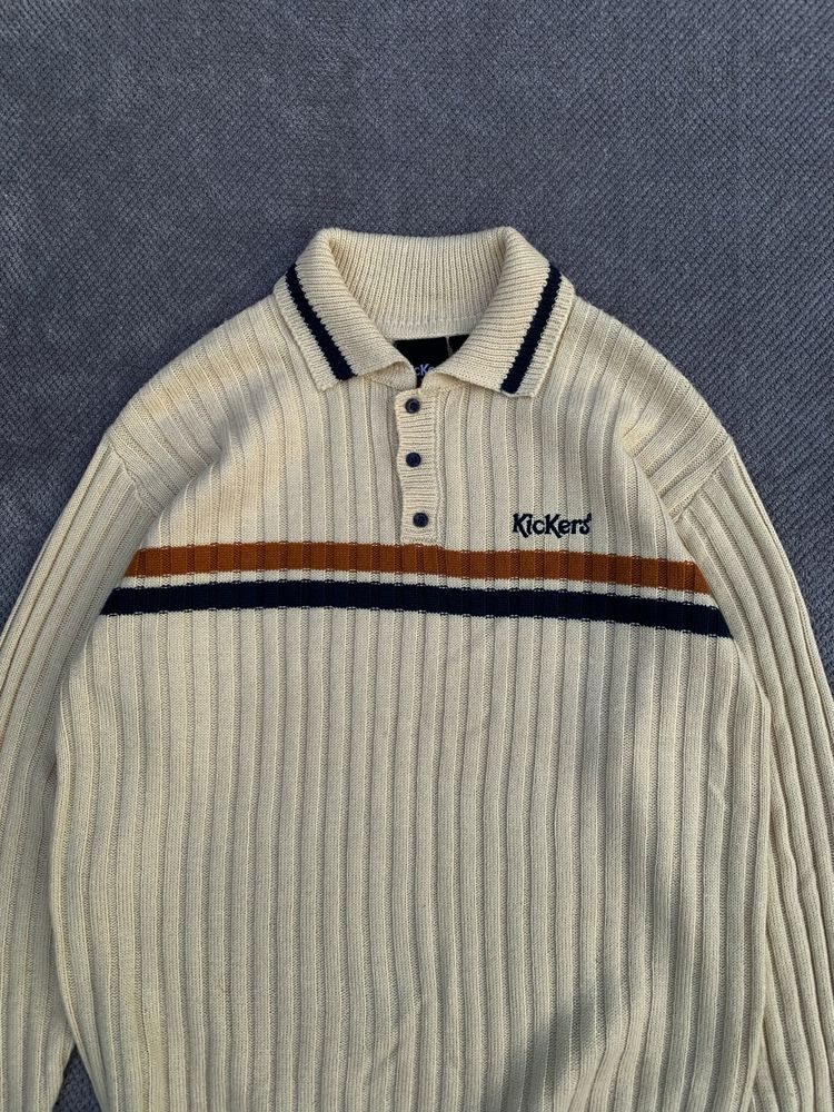 Kickers Stripe Chest Logo Knit Polo Shirt Cream Size:M-L светр лонг