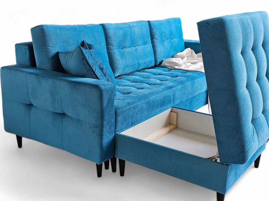 Rozkładana sofa z pojemnikiem. Kanapa PORTO. Sprężyny. Drewniane nogi