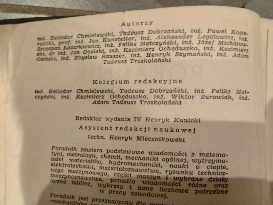 "Mały poradnik mechanika" Państwowe Wyd. Techniczne Wydanie 1957 rok