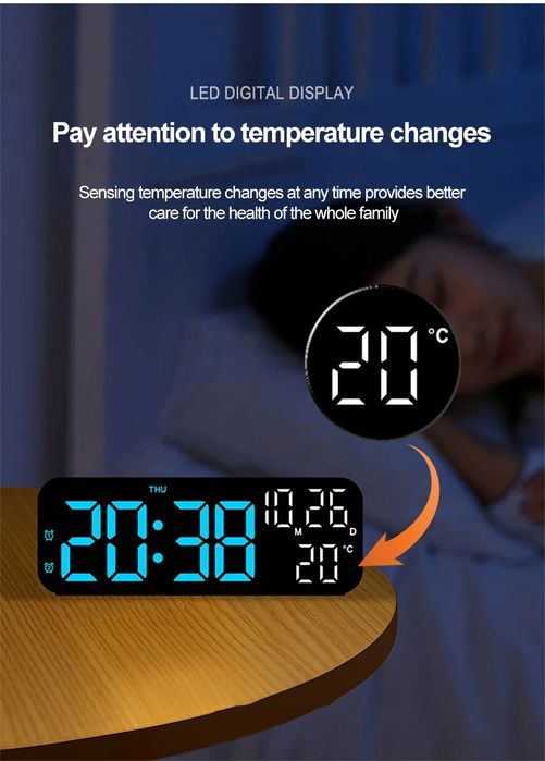 Budzik zegar elektroniczny LED cyfrowy stojący alarm termometr USB