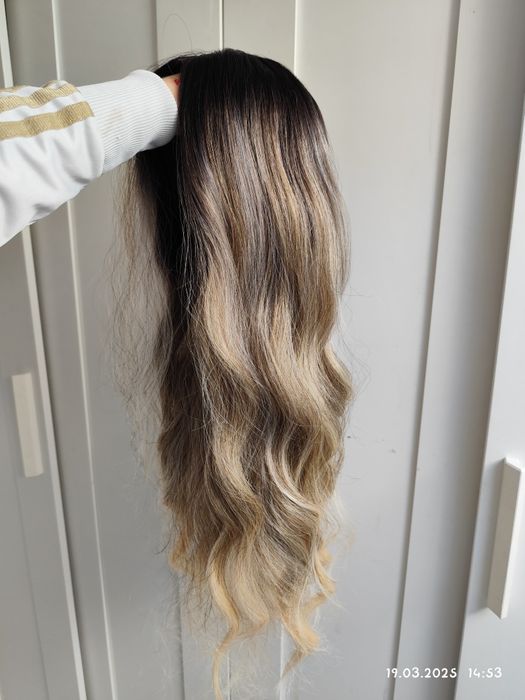 Peruka lace front ombre sombre premium blond brąz długa gęsta premium