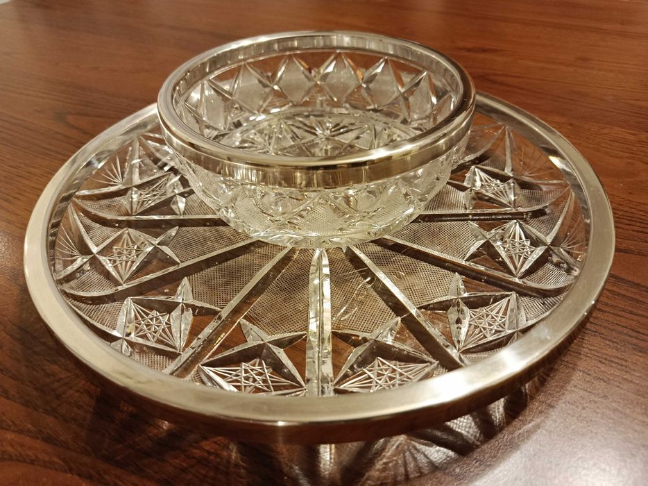 Zestaw misa i talerz/patera Hefra, kryształ + szlifowane okucie PRL