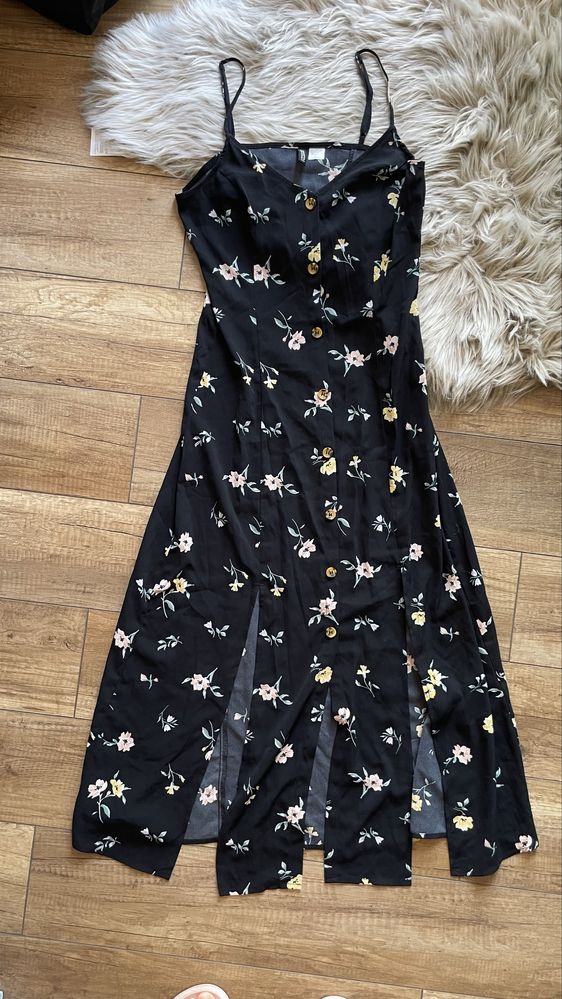 H&M czarna sukienka 36 s maxi lato wakacje plaża rozcięcia