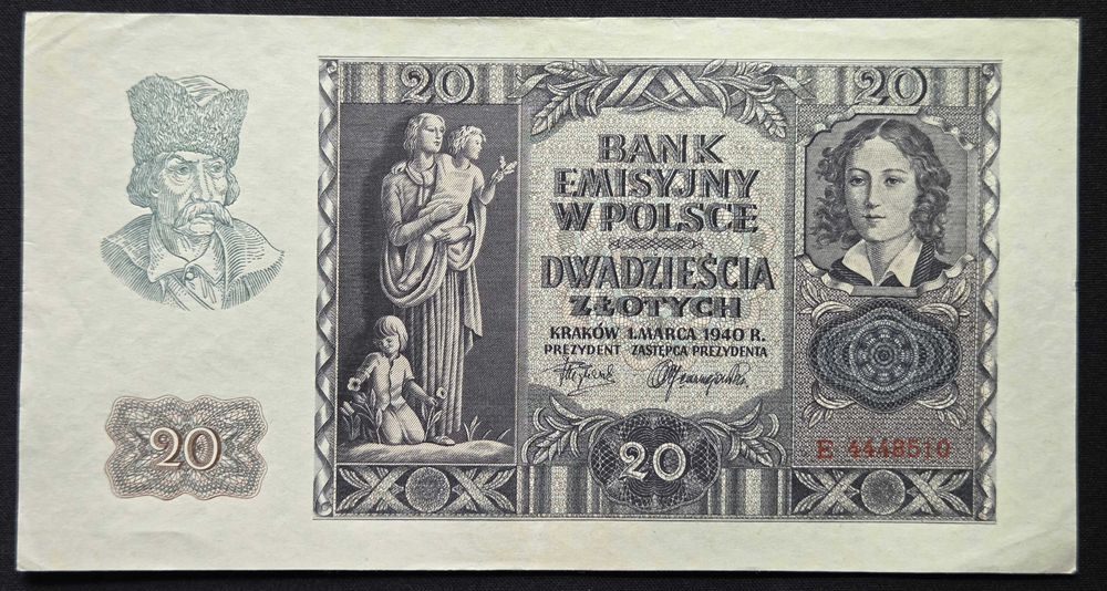 Banknot Polska Okupacja Niemiecka 20 Złotych 1940 Seria E Stan I/II AU