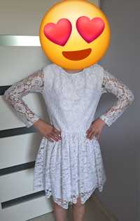 Biała sukienka 146 elegancka komunia koronka rajstopy białe