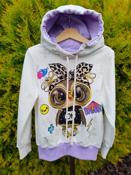 bluza dresowa dla dziewczynki 110 116 sowa handmade z kapturem ecru