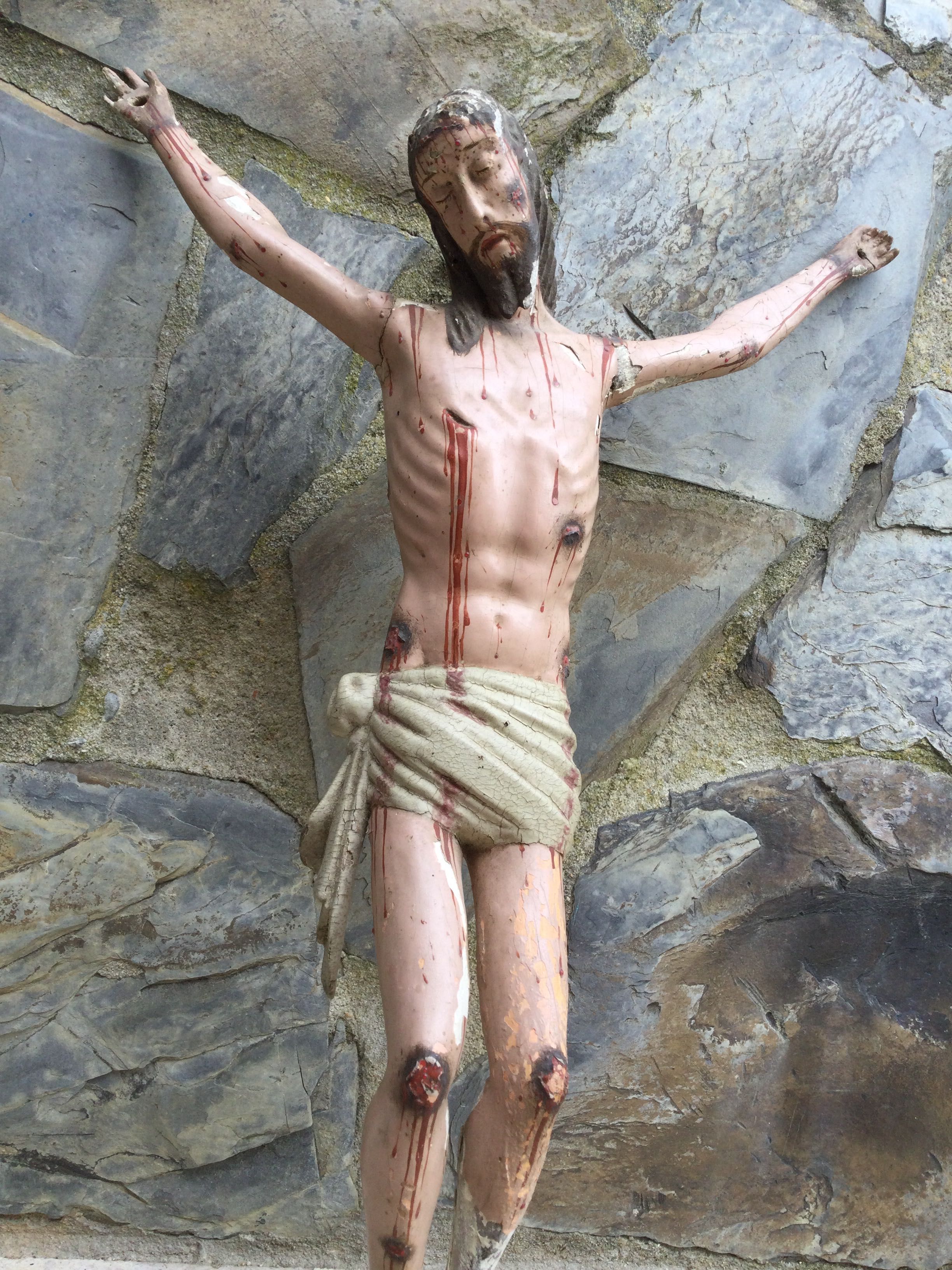 Grande Cristo em madeira do séc XVIII 37 cm Arte Sácra Sangue Rubis