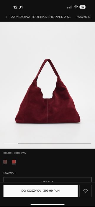 Torba shoperka zamszowa bordowa reserved nowa