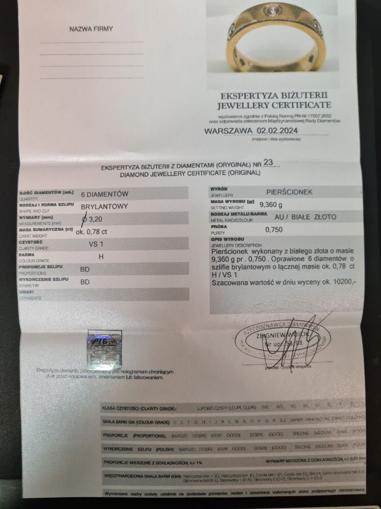 Złota obrączka z brylantami VS1 Certyfikat