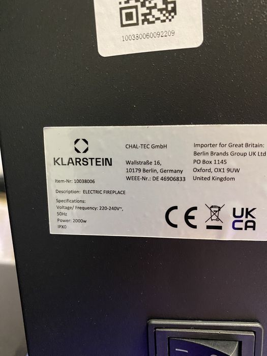 Камін електричний з Німеччини Klarstein Lausanne Lamington 10038006