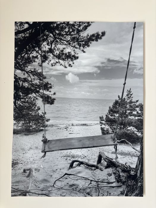 plakat zdjęcie huśtawka na plaży morze woda sepia czarno białe 21x30