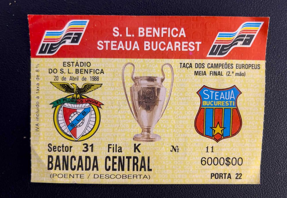 Bilhete Futebol Benfica Steaua Bucarest -taça camp europeus abril 1988