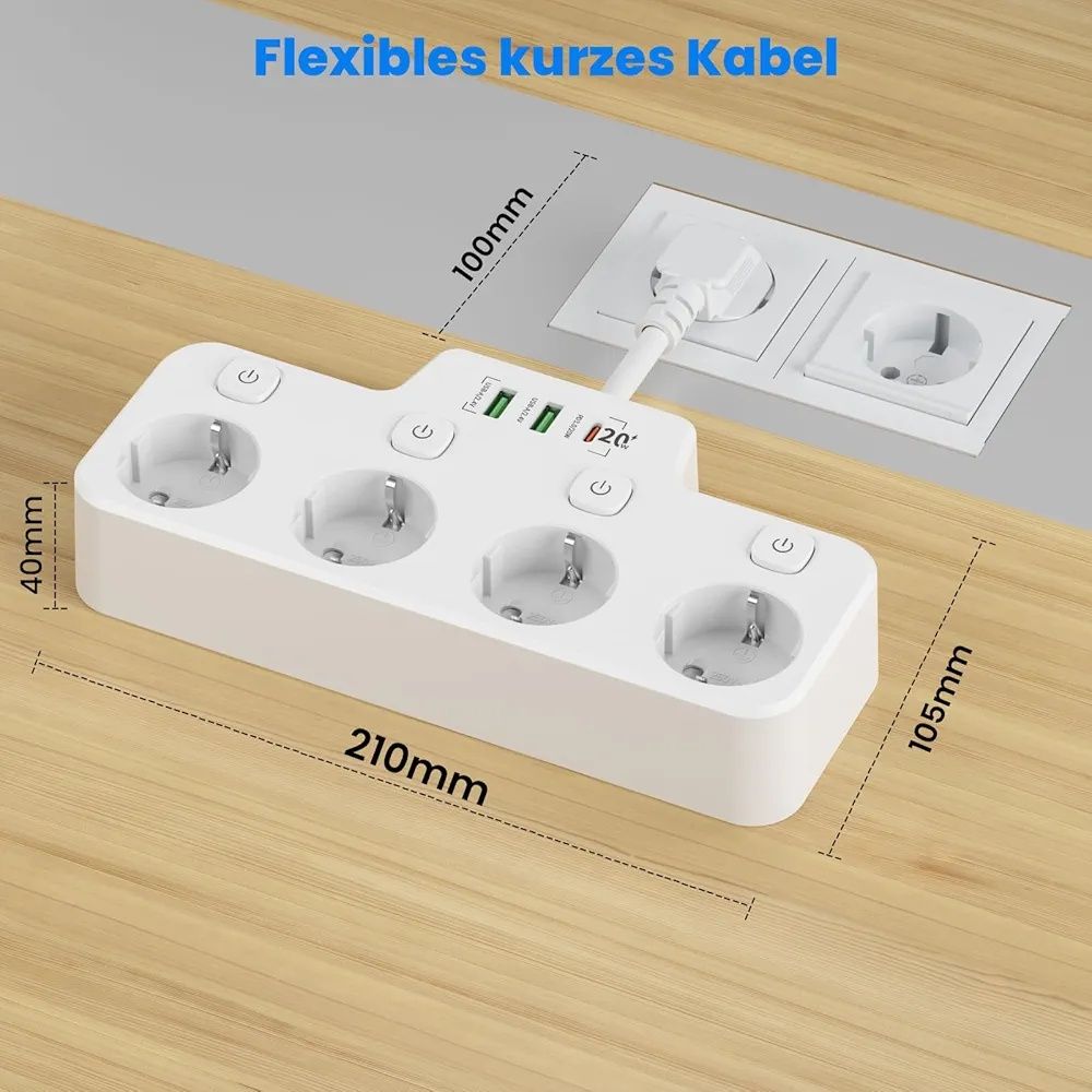 Listwa Zasilająca z ładowarką USB C (PD 20W): wielokrotne gniazdo z pr