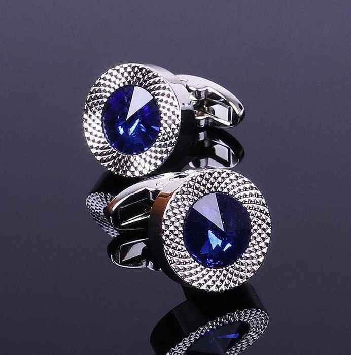 Spinki do mankietów do koszuli okrągłe niebieskie z kryształem srebrne