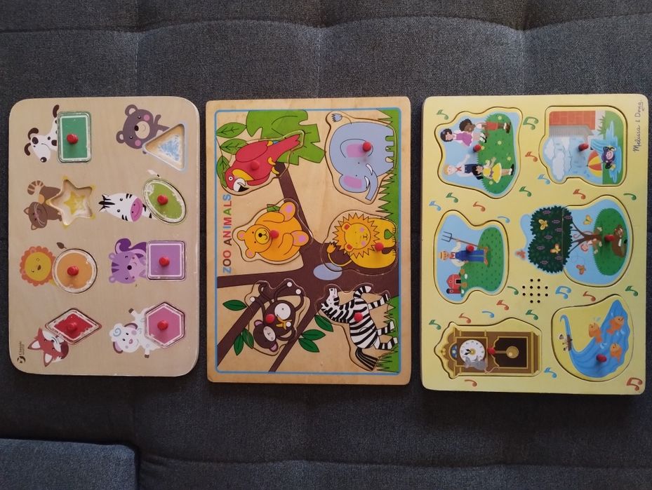 Trzy drewniane układanki edukacyjne grająca piosenki na baterie