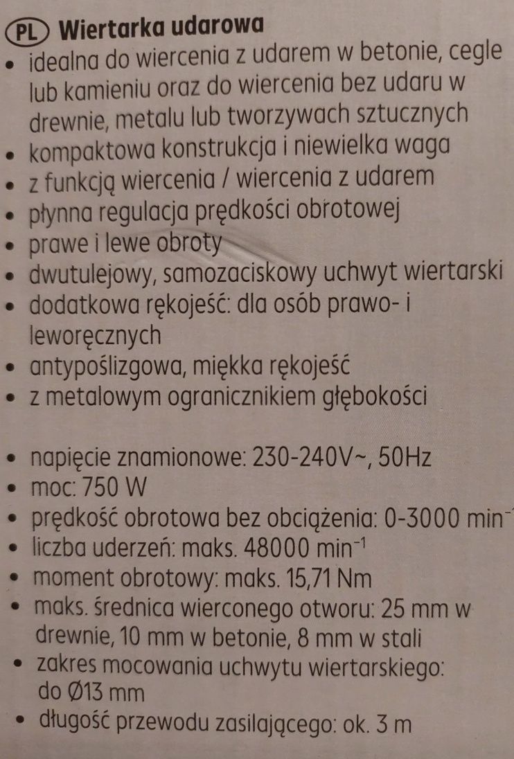 Wiertarka elektryczna udarowa 750W 13mm.