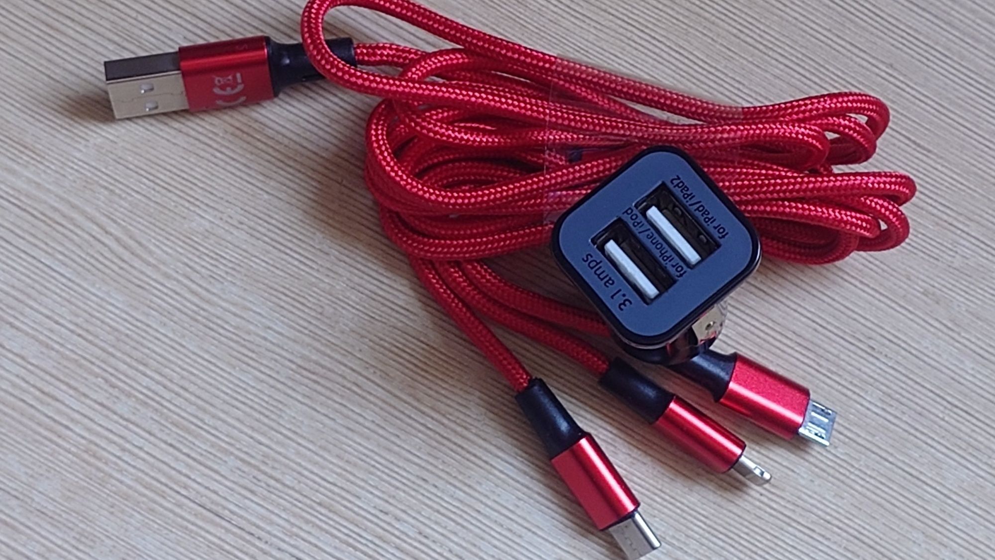 Ładowarka samochodowa USAMS 3.1A+nieplączący się kabel 3w1 3 końcówkik
