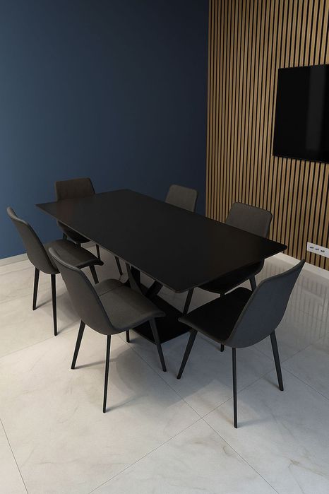 Zestaw stół z 6 krzesłami – czarny  grafitowe tapicerowane siedziska