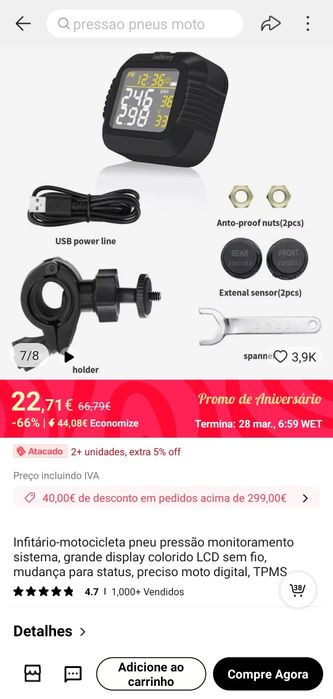 Sensor pressão de pneus para motociclo