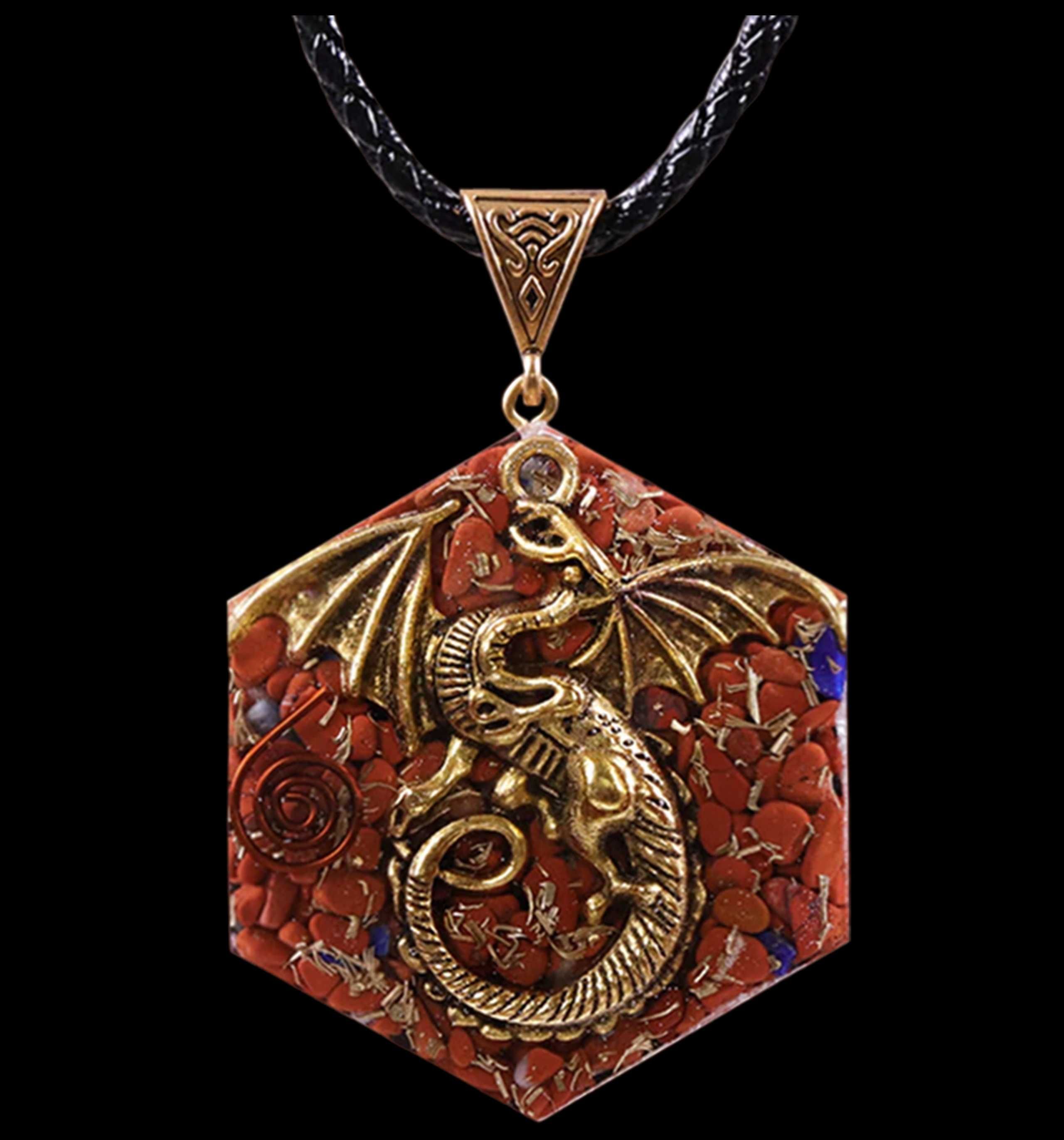 Piękny Naszyjnik Wisior Amulet Orgonit Feniks Jaspis Miedź Lazuryt