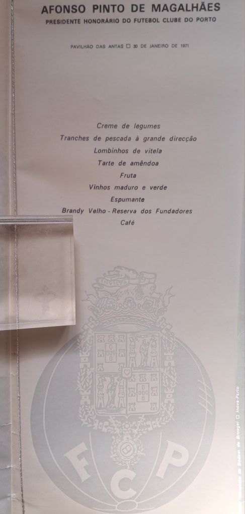 FC Porto,2 Menus do jantar homenagem a Afonso Pinto de Magalhães, 1971