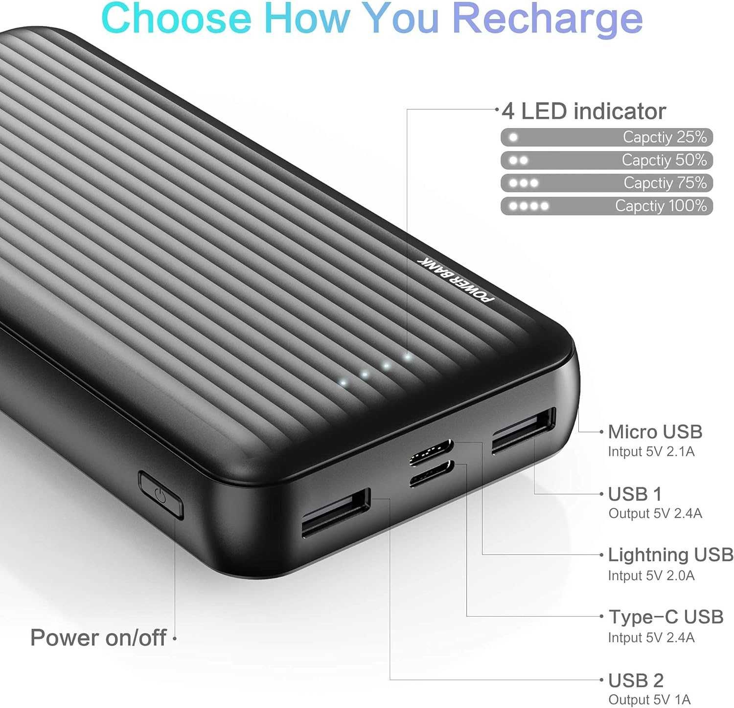 Nowy Power Bank XHC-419-B 20000mAh 74Wh 4porty