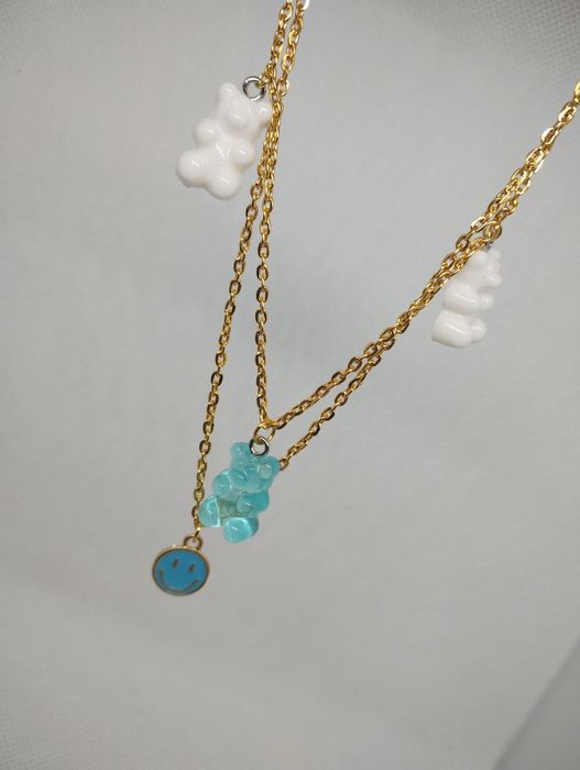 Łańcuszek z zawieszkami podwójny naszyjnik misie emotki błękit preppy