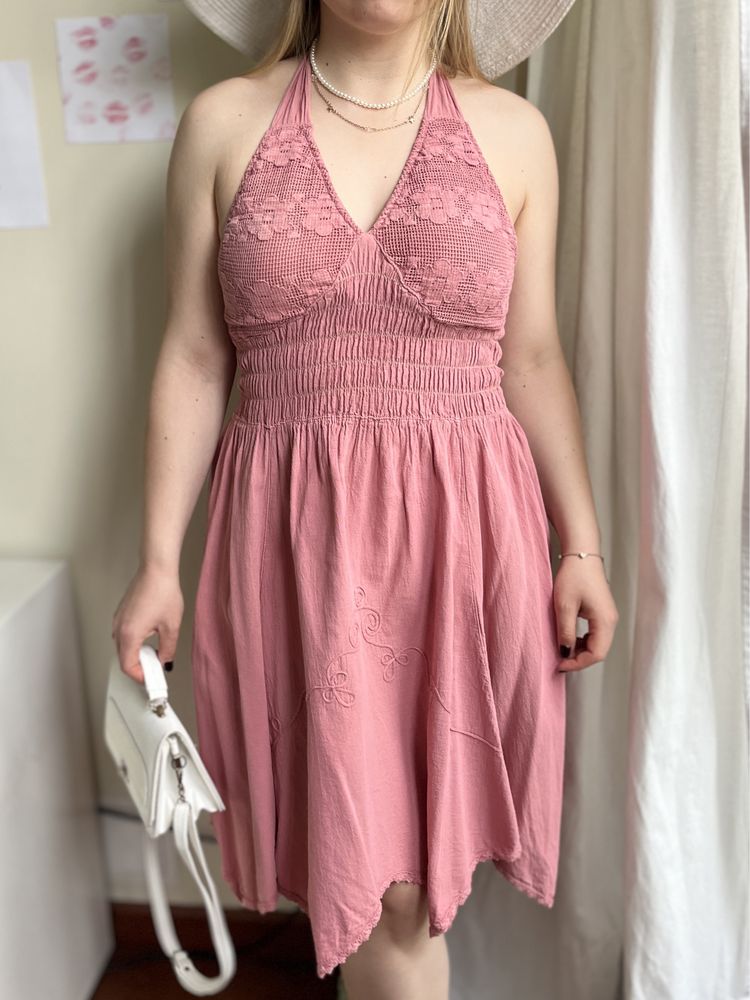 Różowa pudrowa sukienka rozkloszowana dekolt halter s m