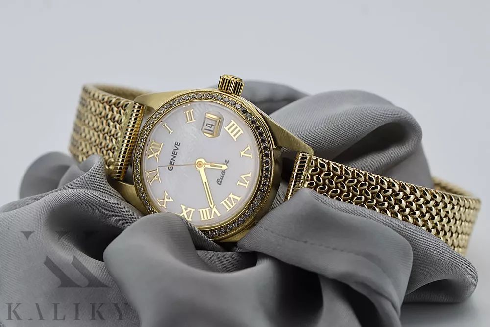 Złoty zegarek damski 14k Geneve z perłową tarczą lw078ydpr&lbw003y Wr